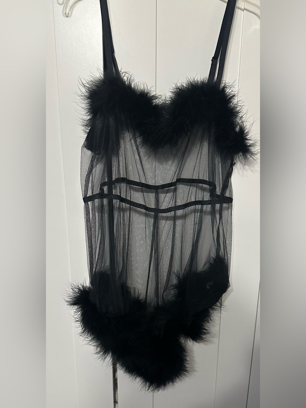 Sheer Black Marabou Trim Lingerie Romper